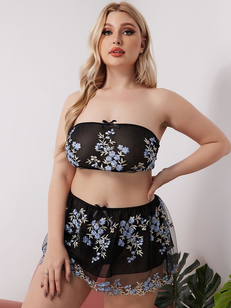 Black Sheer Two-Piece Set with Blue Floral Embroidery - Late Night Lingerie