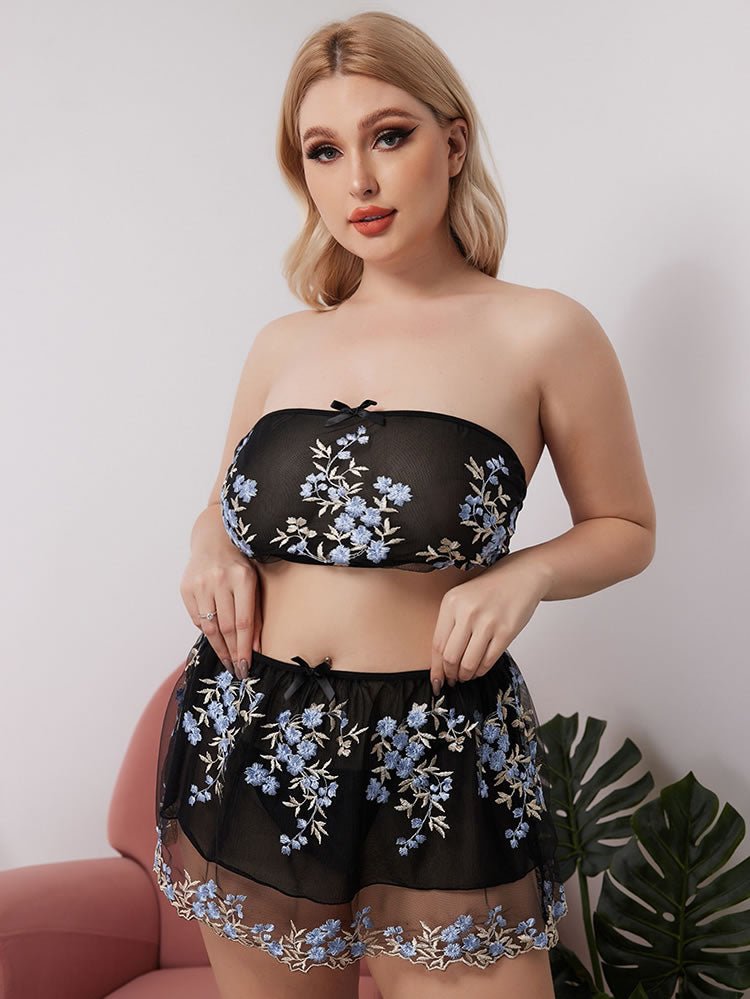 Black Sheer Two-Piece Set with Blue Floral Embroidery - Late Night Lingerie