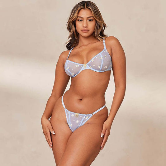 Blue Daisy Embroidered Mesh Lingerie Set - Late Night Lingerie