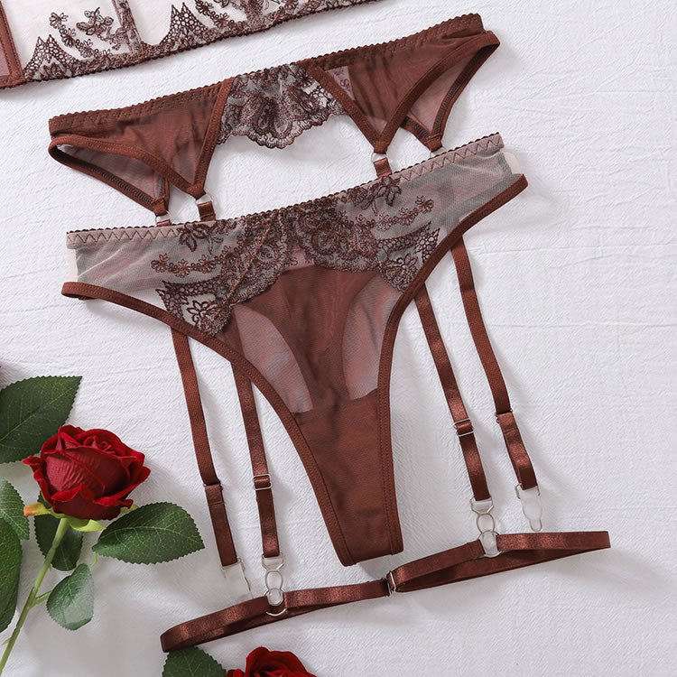 Embroidered Sexy Lingerie Set With Underwire, 4pcs - Late Night Lingerie