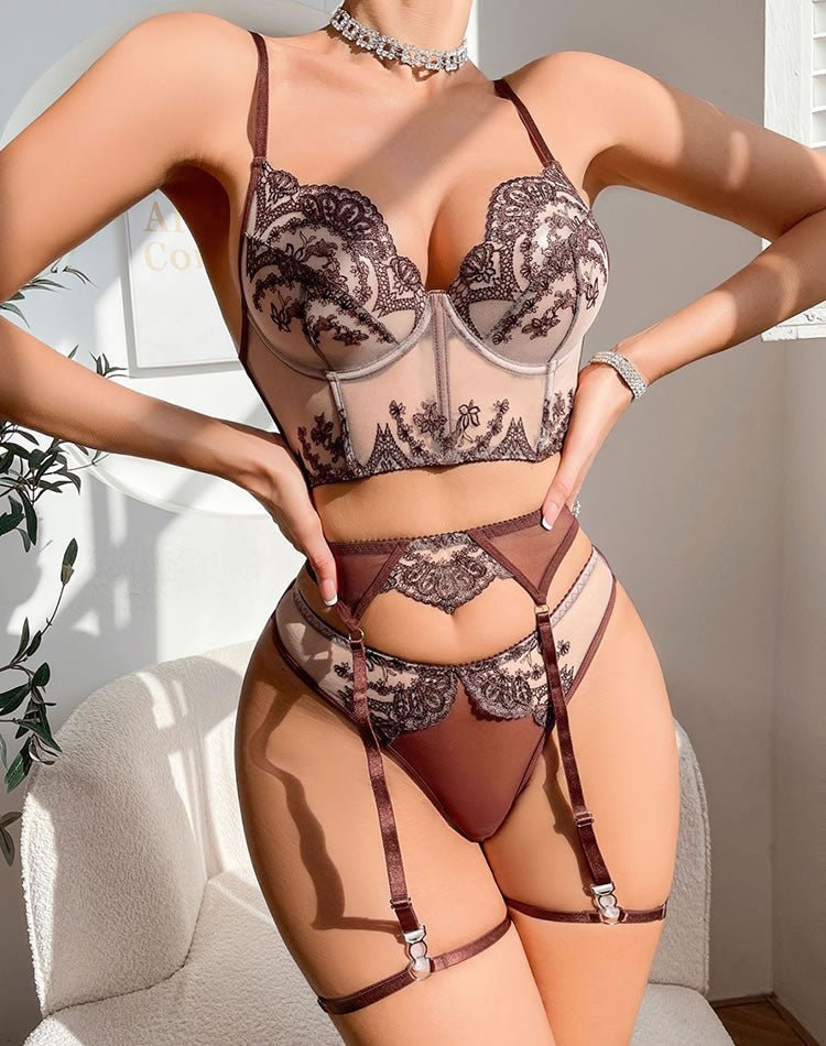 Embroidered Sexy Lingerie Set With Underwire, 4pcs - Late Night Lingerie