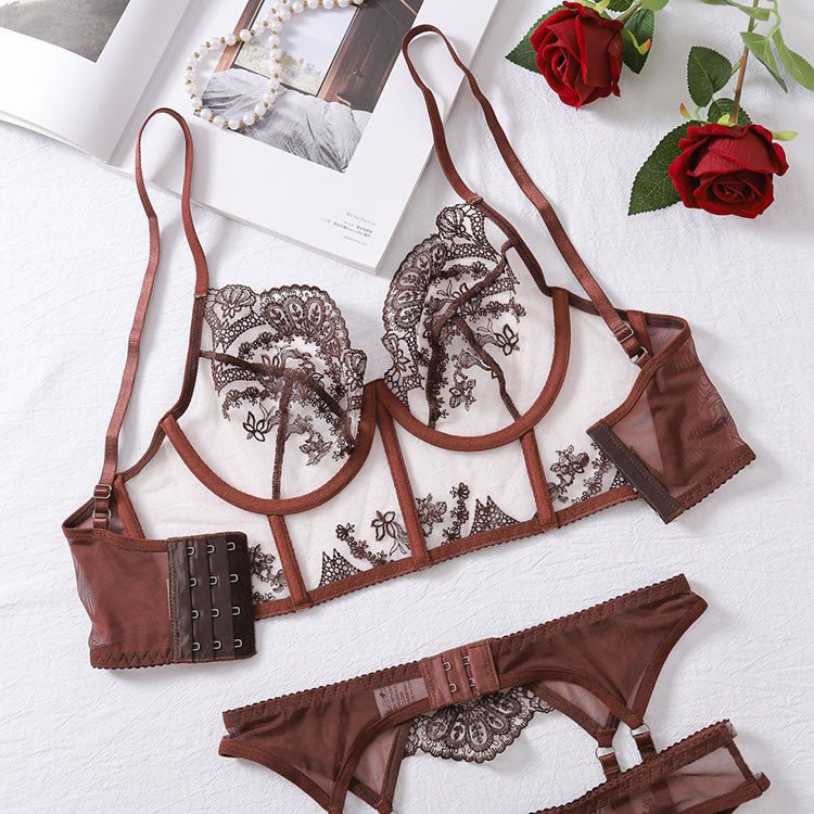 Embroidered Sexy Lingerie Set With Underwire, 4pcs - Late Night Lingerie