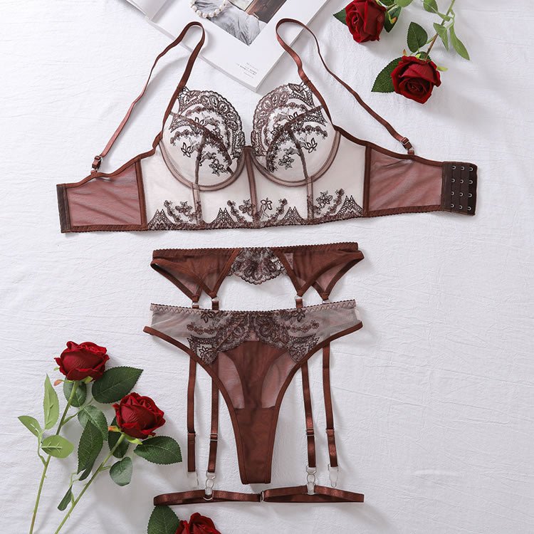 Embroidered Sexy Lingerie Set With Underwire, 4pcs - Late Night Lingerie