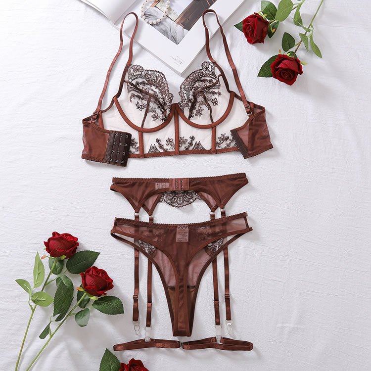 Embroidered Sexy Lingerie Set With Underwire, 4pcs - Late Night Lingerie