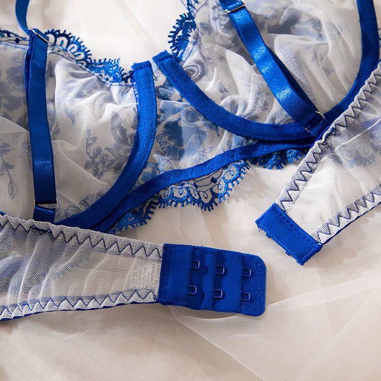 Floral Embroidered Mesh Underwire Garter Lingerie Set - Late Night Lingerie