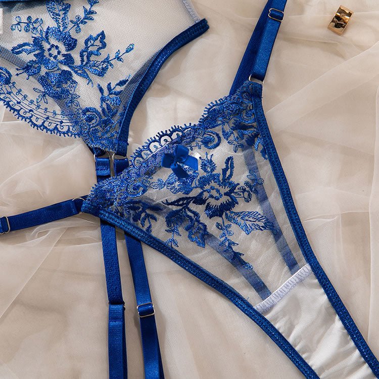 Floral Embroidered Mesh Underwire Garter Lingerie Set - Late Night Lingerie