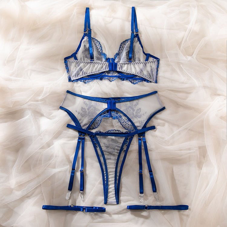 Floral Embroidered Mesh Underwire Garter Lingerie Set - Late Night Lingerie