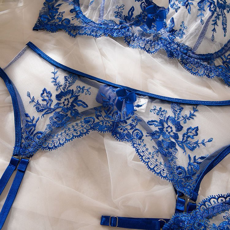 Floral Embroidered Mesh Underwire Garter Lingerie Set - Late Night Lingerie
