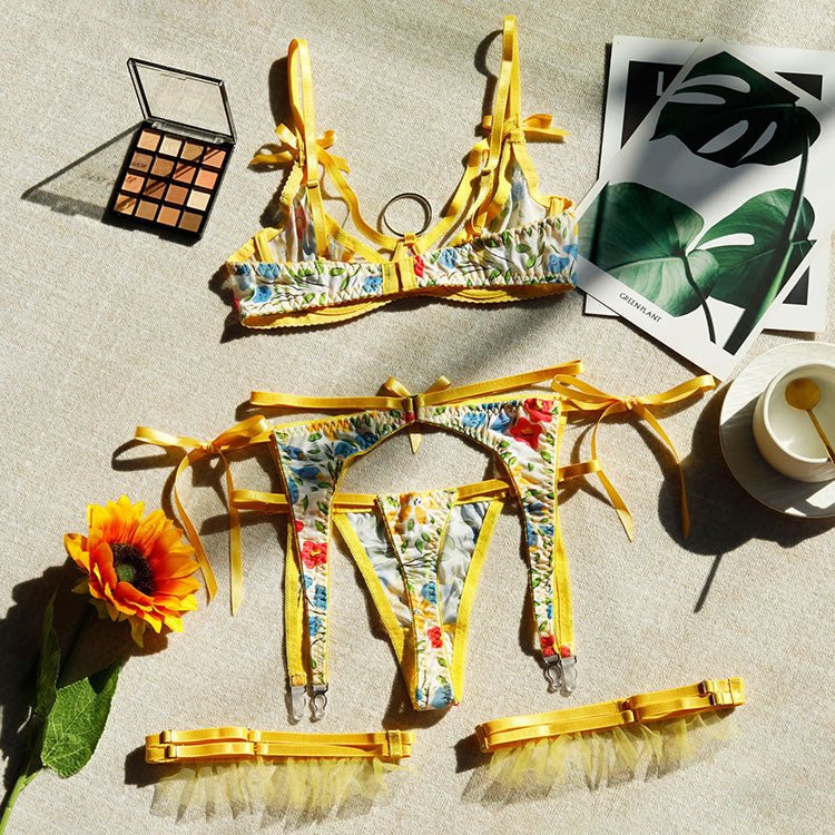 Floral Print Lingerie Set with Yellow Straps - Late Night Lingerie