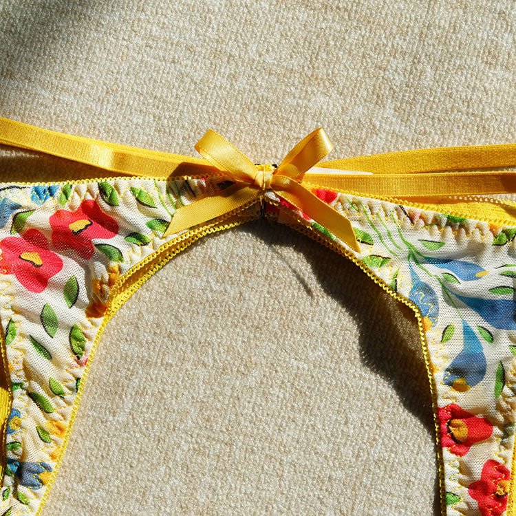 Floral Print Lingerie Set with Yellow Straps - Late Night Lingerie