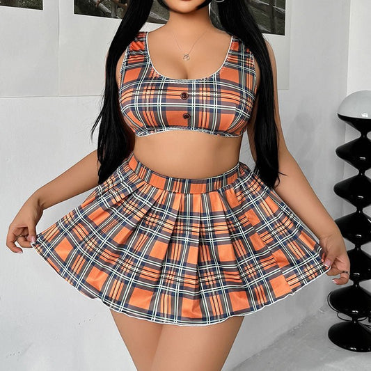 Orange Plaid Crop Top & Mini Skirt Set - Late Night Lingerie