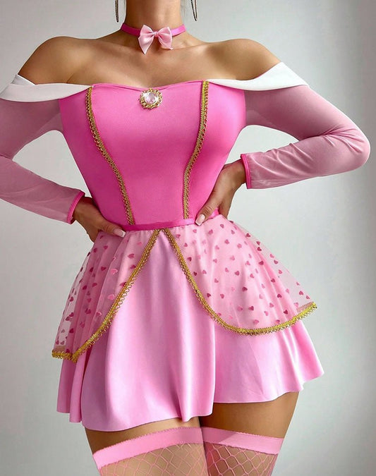 Pink Off-the-Shoulder Lingerie Dress with Heart Tulle - Late Night Lingerie