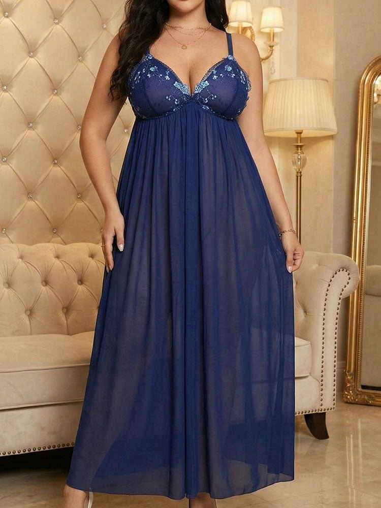 Plus Size Navy Blue Sheer Nightgown with Embroidered Lace - Late Night Lingerie