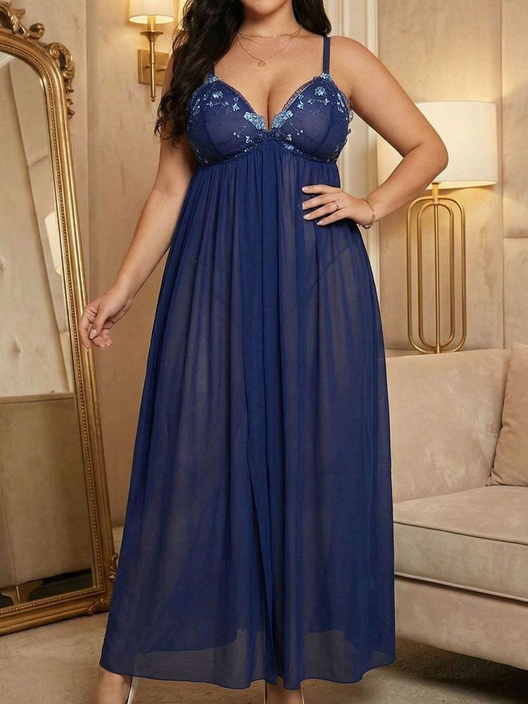 Plus Size Navy Blue Sheer Nightgown with Embroidered Lace - Late Night Lingerie