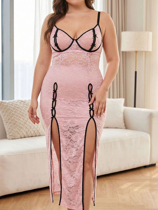Plus Size Pink Lace Long Gowns with Black Trim and Side Slits - Late Night Lingerie
