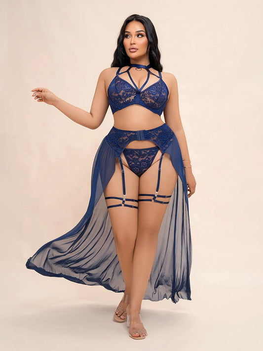 Plus Size Royal Blue Strappy Lingerie Set with Sheer Robe - Late Night Lingerie