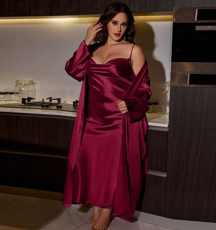 Plus Size Seductive Pink Satin Robe and Slip Dress Set - Late Night Lingerie