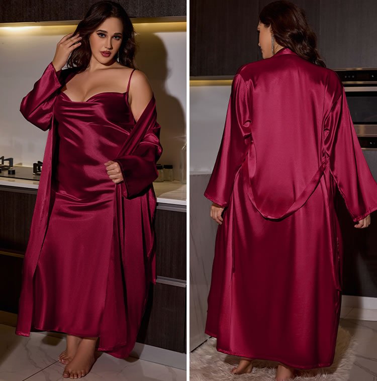 Plus Size Seductive Pink Satin Robe and Slip Dress Set - Late Night Lingerie