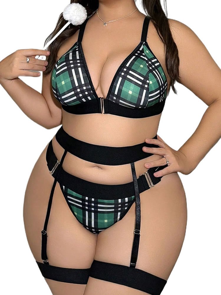 Plus Size Tartan Print Harness Bra and Garter Panty Combo - Late Night Lingerie