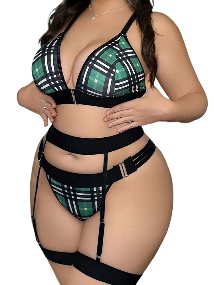 Plus Size Tartan Print Harness Bra and Garter Panty Combo - Late Night Lingerie