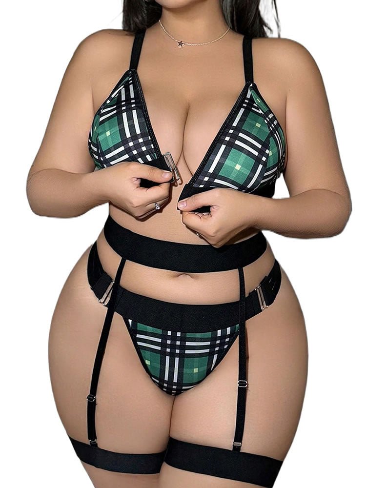 Plus Size Tartan Print Harness Bra and Garter Panty Combo - Late Night Lingerie