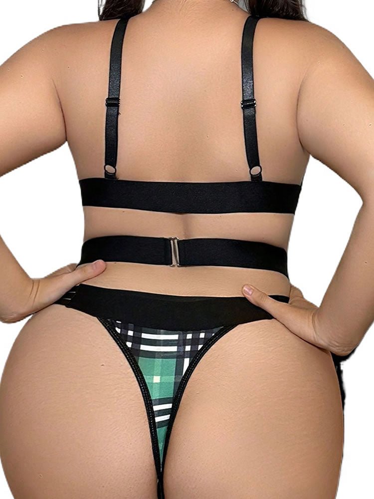 Plus Size Tartan Print Harness Bra and Garter Panty Combo - Late Night Lingerie