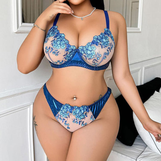 Romantic Blue Floral Lace Lingerie Set with Sheer Mesh Cups - Late Night Lingerie