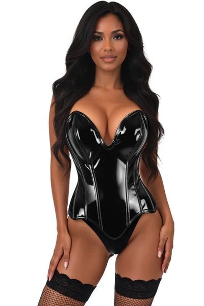 Top Drawer Steel Boned Black Patent Plunge Neckline Overbust Corset - Late Night Lingerie