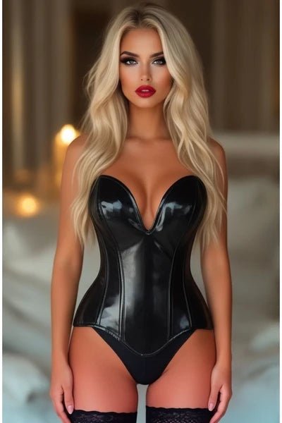 Top Drawer Steel Boned Black Patent Plunge Neckline Overbust Corset - Late Night Lingerie