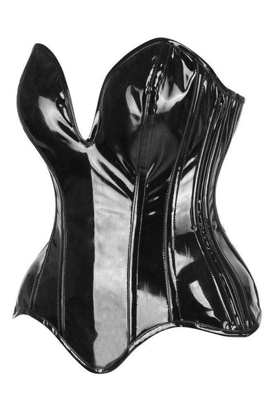 Top Drawer Steel Boned Black Patent Plunge Neckline Overbust Corset - Late Night Lingerie
