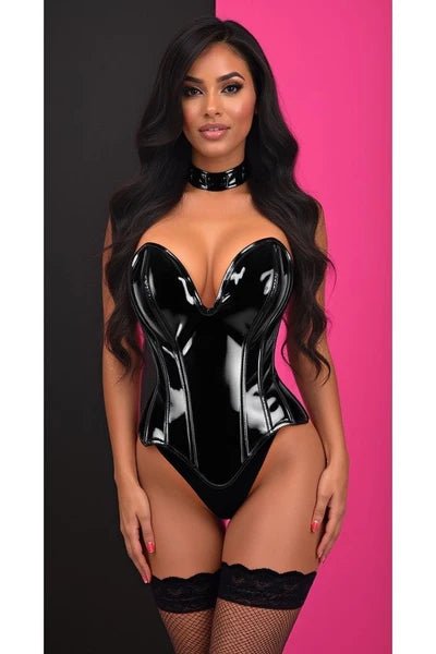 Top Drawer Steel Boned Black Patent Plunge Neckline Overbust Corset - Late Night Lingerie