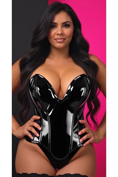 Top Drawer Steel Boned Black Patent Plunge Neckline Overbust Corset - Late Night Lingerie