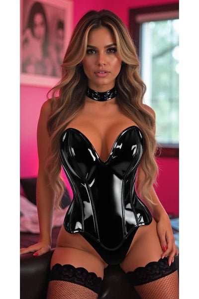 Top Drawer Steel Boned Black Patent Plunge Neckline Overbust Corset - Late Night Lingerie