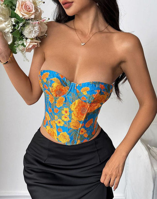 Vibrant Floral Bustier with Blue Base - Late Night Lingerie