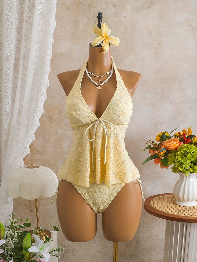Women's Yellow Halter Two-Piece Swimsuit with Peplum Top - Late Night Lingerie